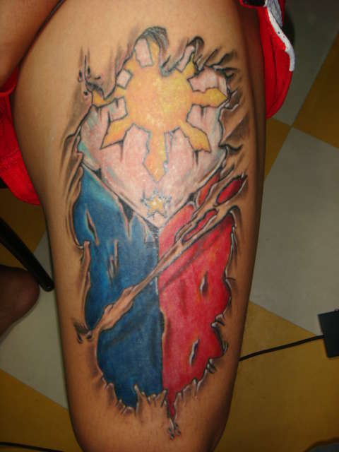 3D Filipino Flag Ripped Skin Tattoo On Leg