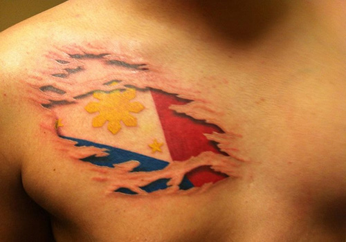 3D Filipino Flag Tattoo On Chest