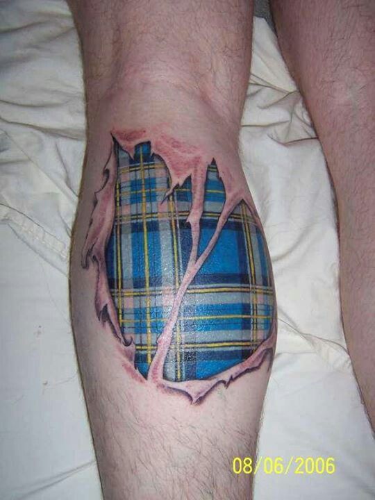 3D Scottish Tartan Tattoo On Back Leg