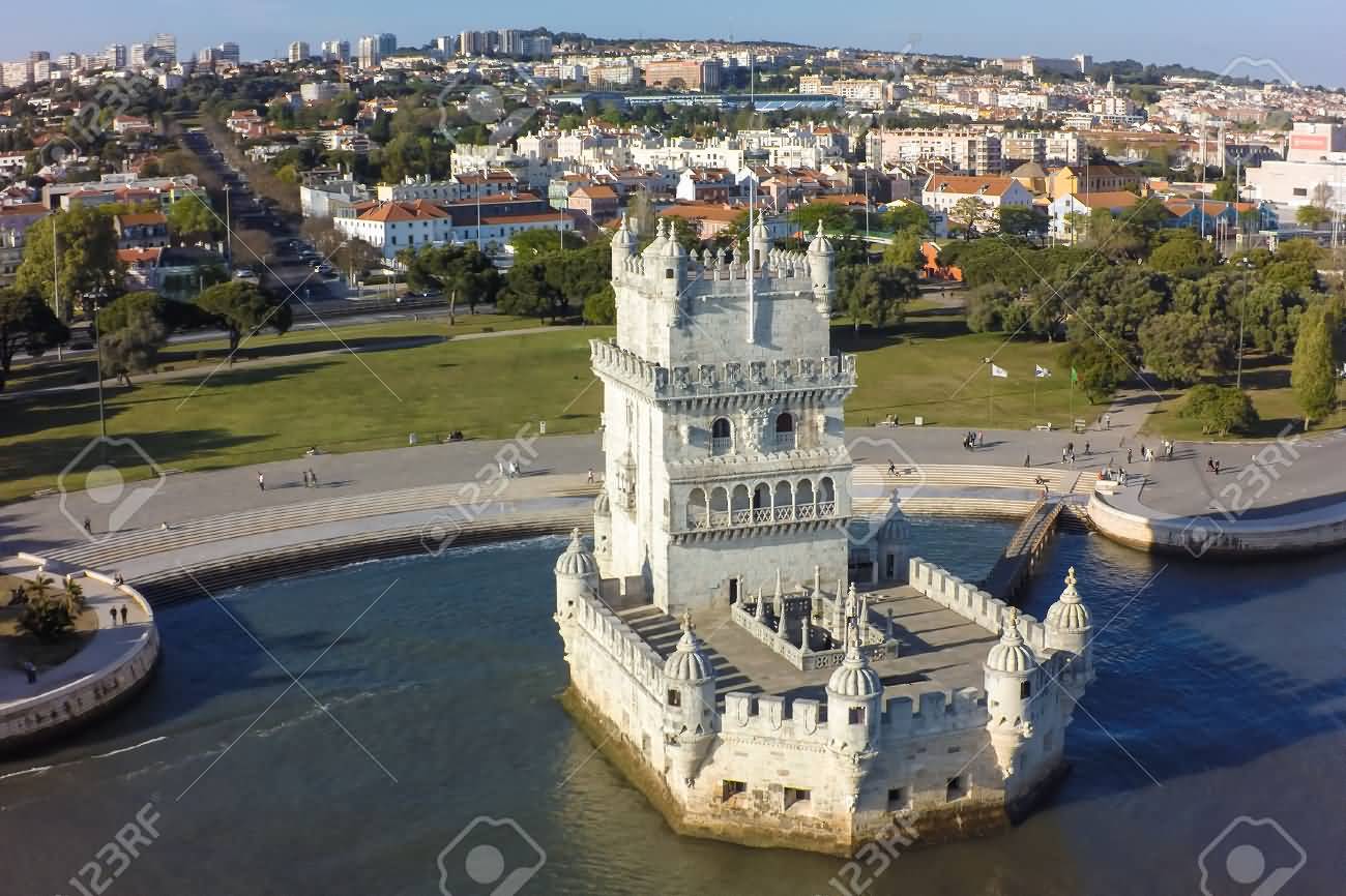 Aerial View Of Belem Tower In Lisbon, Portugal