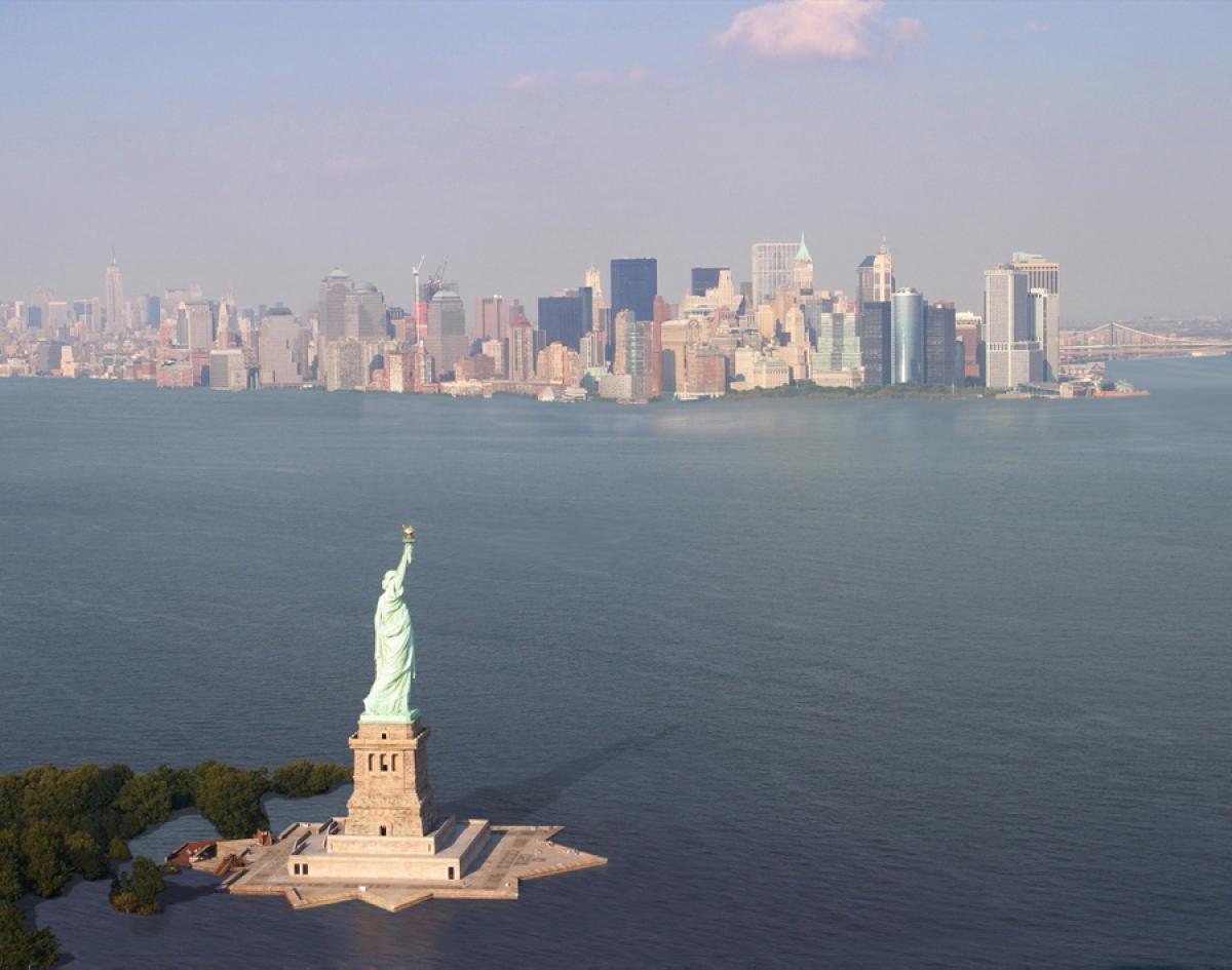 Aerial View Of Statue Of Liberty In New York City