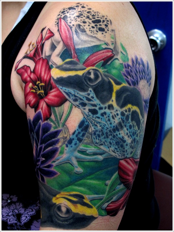Amazing Big Frogs Tattoo On Half Sleeve