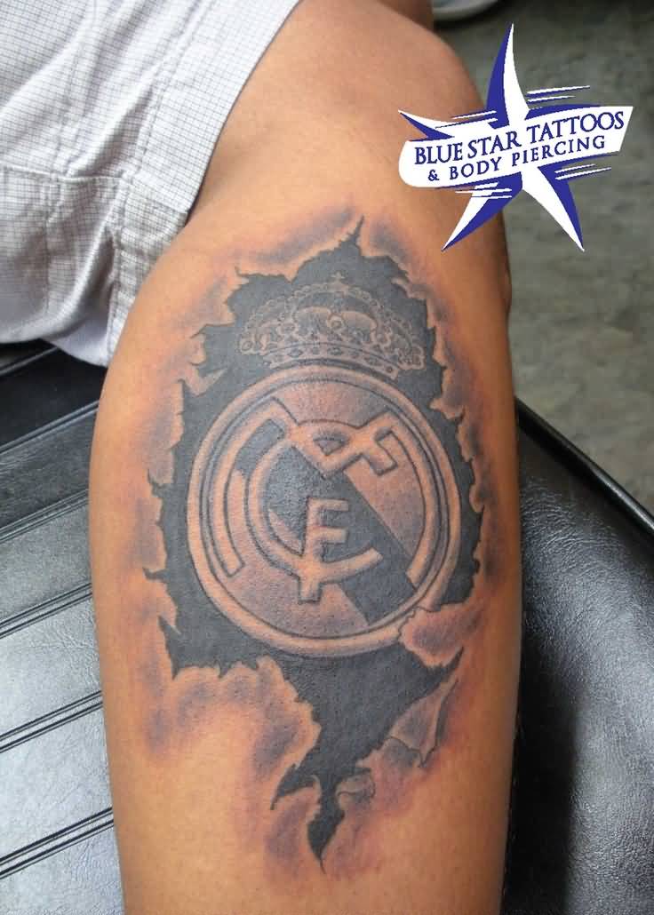 Attractive Real Madrid Logo Tattoo On Leg By Blue Star