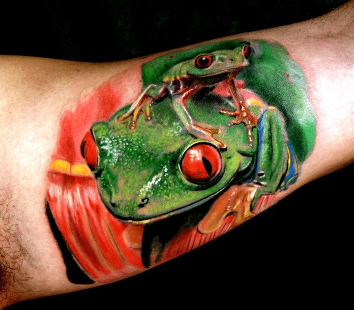 Awesome 3D Baby And Mother Frog Tattoo On Biceps