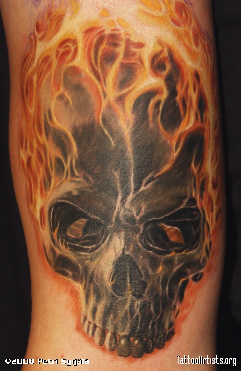Awesome 3D Flaming Skull Tattoo On Half Sleeve