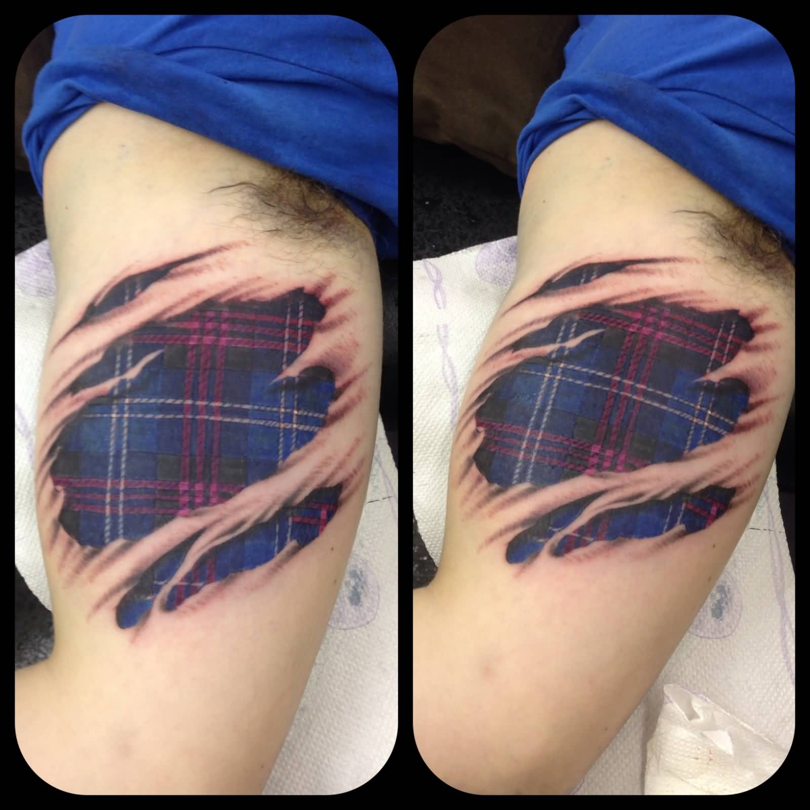 Awesome 3D Scottish Tartan Tattoo On Biceps