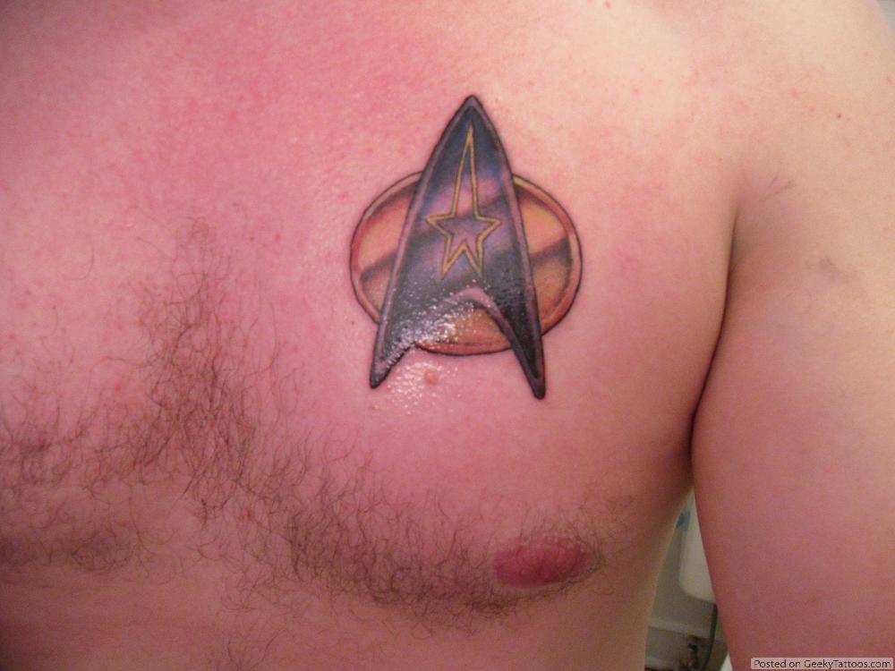 Awesome Colored Star Trek Tattoo On Chest For Men