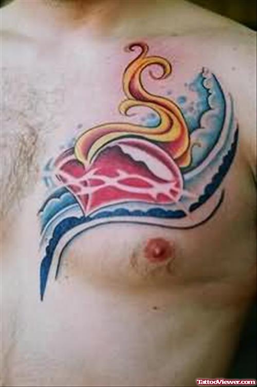 Awesome Flaming Heart Tattoo On Chest For Men
