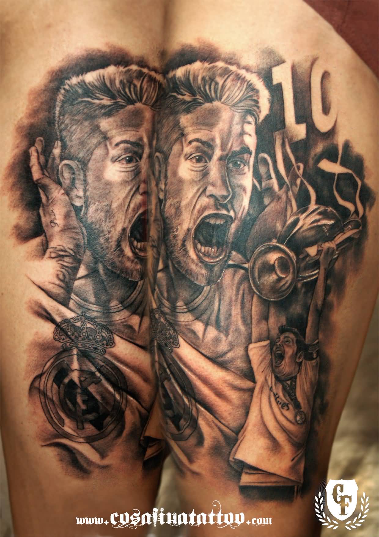 Awesome Grey Ink Real Madrid Theme Tattoo