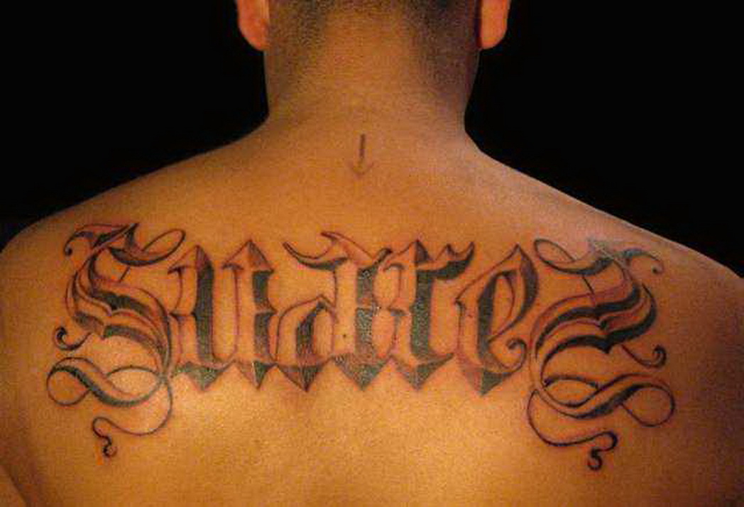 Awesome Old Latino Font Word Tattoo On Upper Back