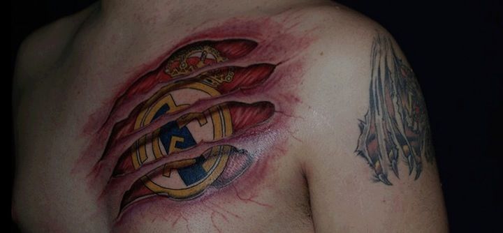 Awesome Real Madrid 3D Tattoo On Chest