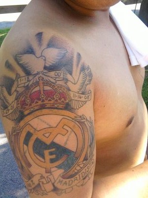 Awesome Real Madrid Logo Tattoo On Right Half Sleeve