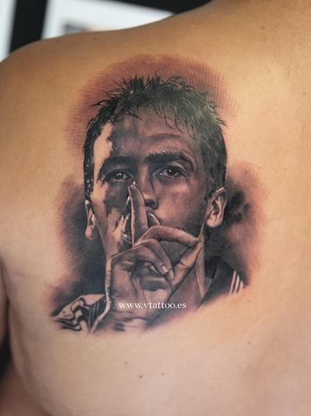 Awesome Real Madrid Player Tattoo On Left Back Shoulder