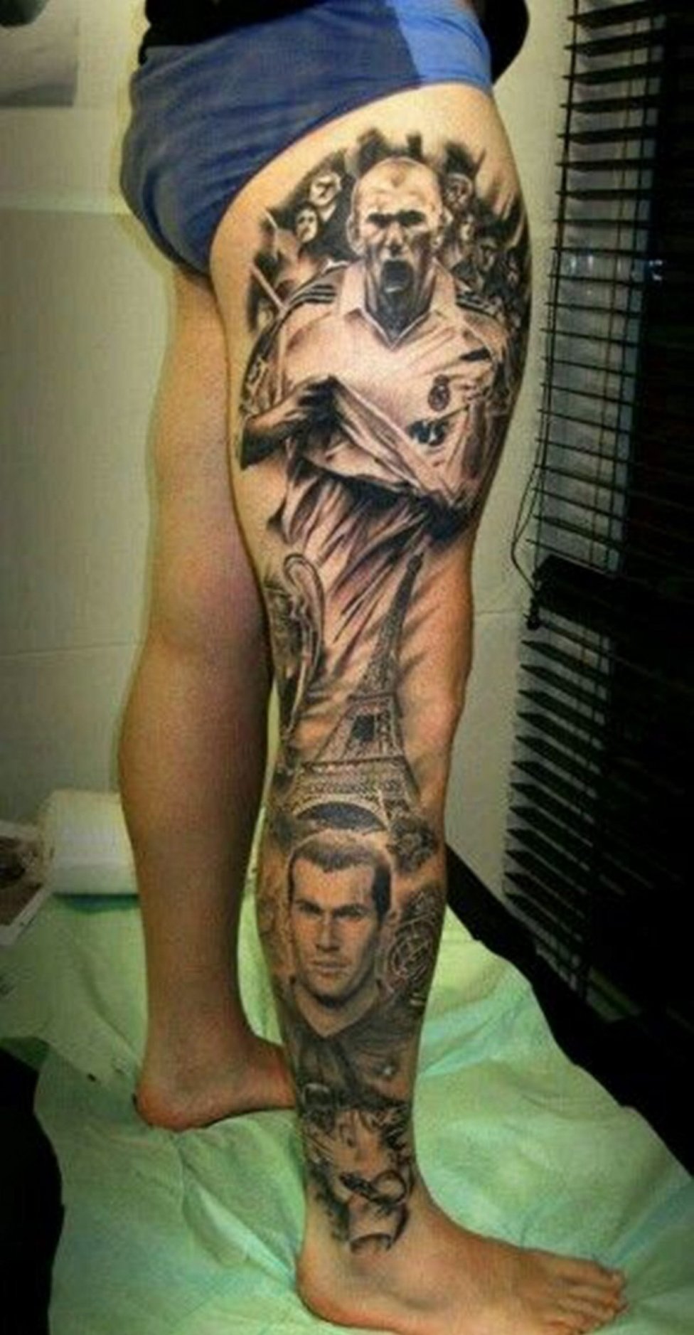 Awesome Real Madrid Players Theme Tattoo On Leg