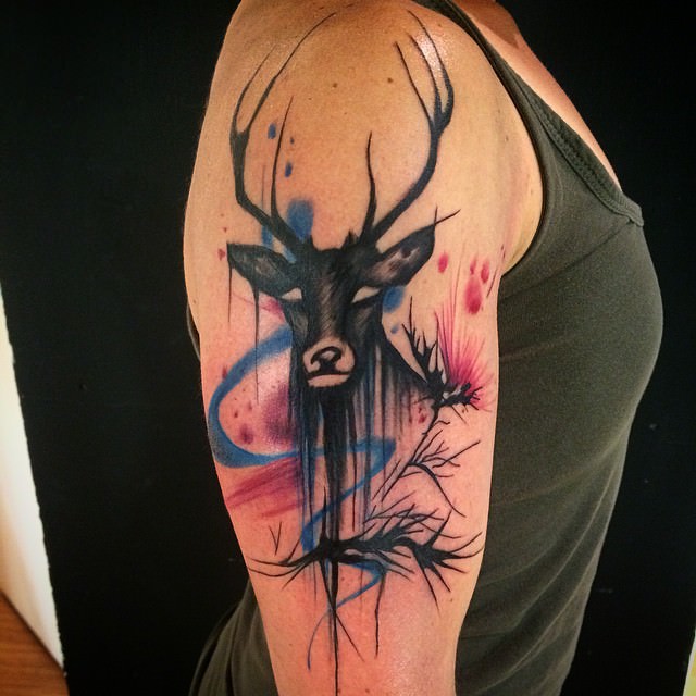 Awesome Scottish Stag Tattoo On Right Half Sleeve