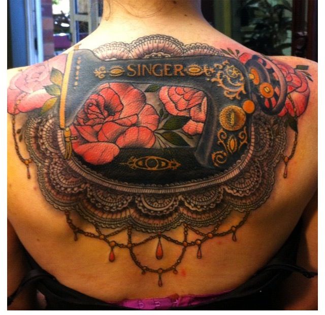 Awesome Sewing Machine Tattoo On Upper Back For Girls