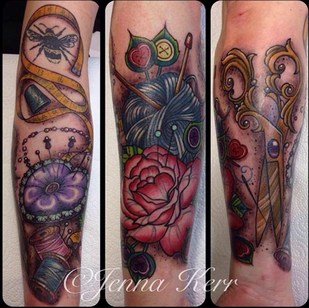 Awesome Sewing Tattoo On Arm Sleeve
