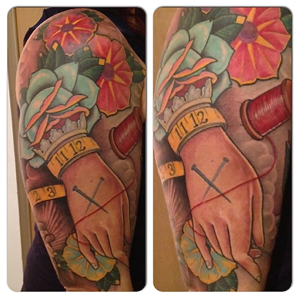 Awesome Sewing Theme Tattoo On Half Sleeve