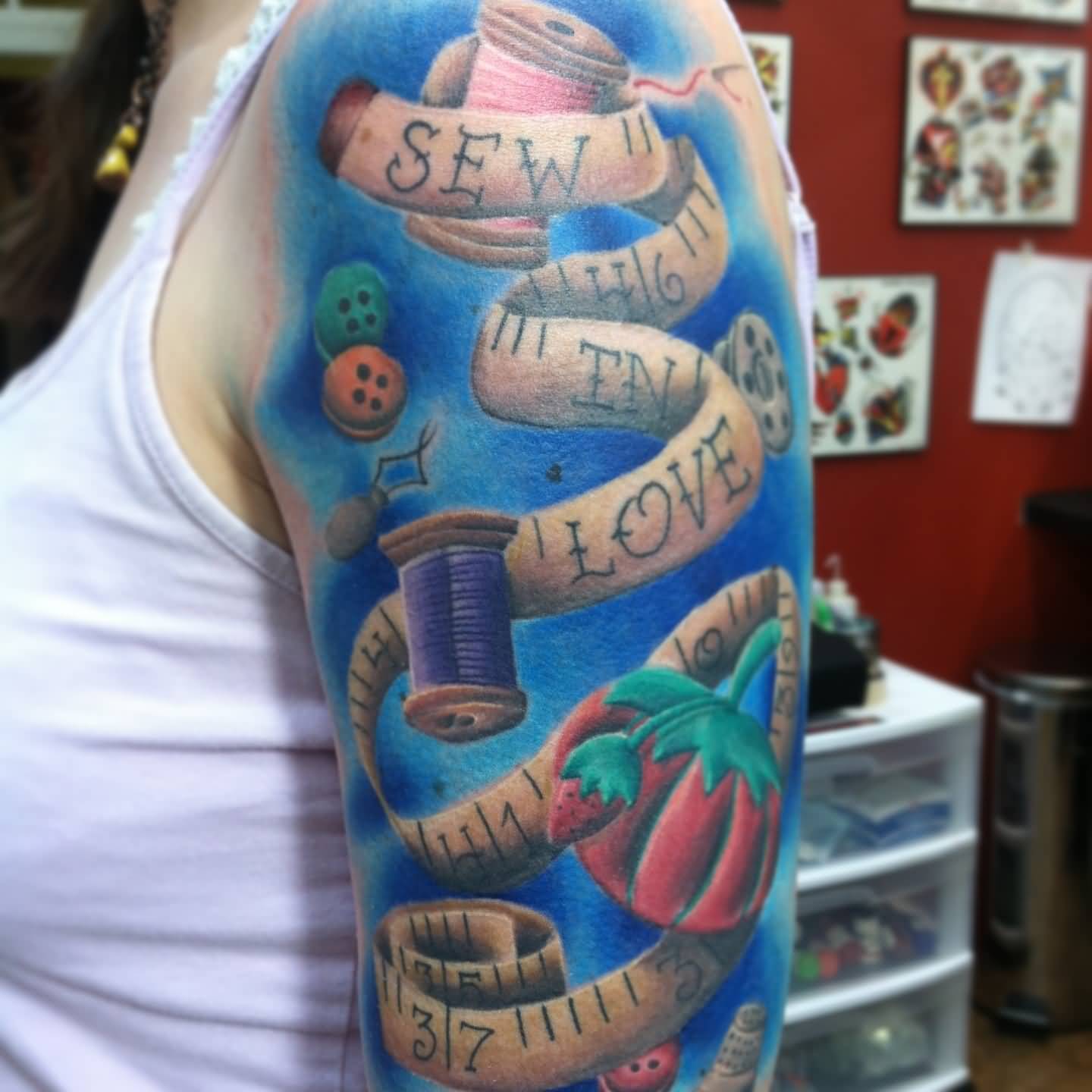 Awesome Sewing Theme Tattoo On Left Half Sleeve By Stowell