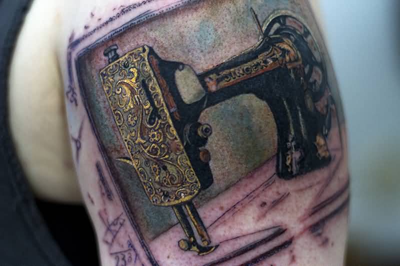 Awesome Singer Sewing Machine Tattoo On Shoulder