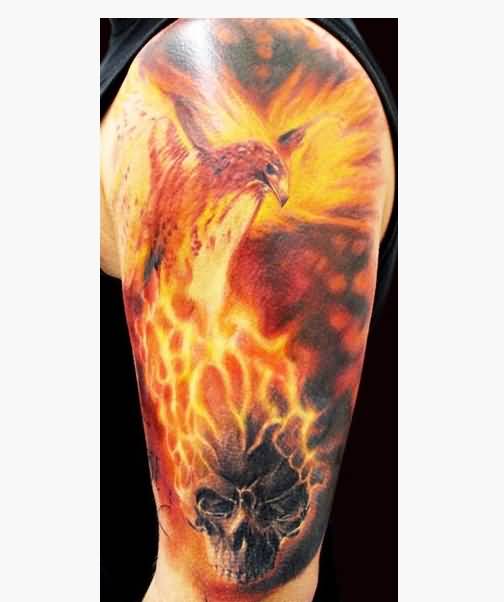 Awesome Skull With Eagle Flame Tattoo On Half Sleeve