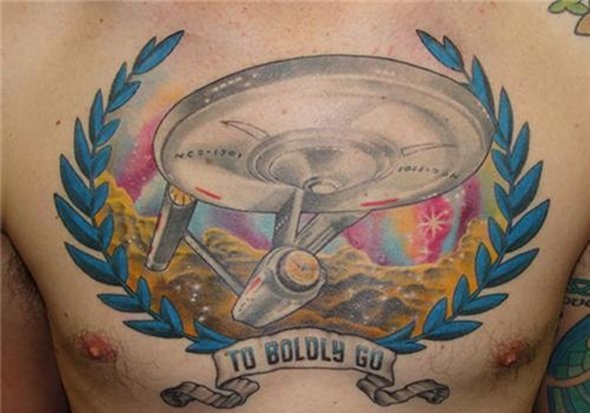 Awesome Star Ship Enterprise Tattoo On Chest