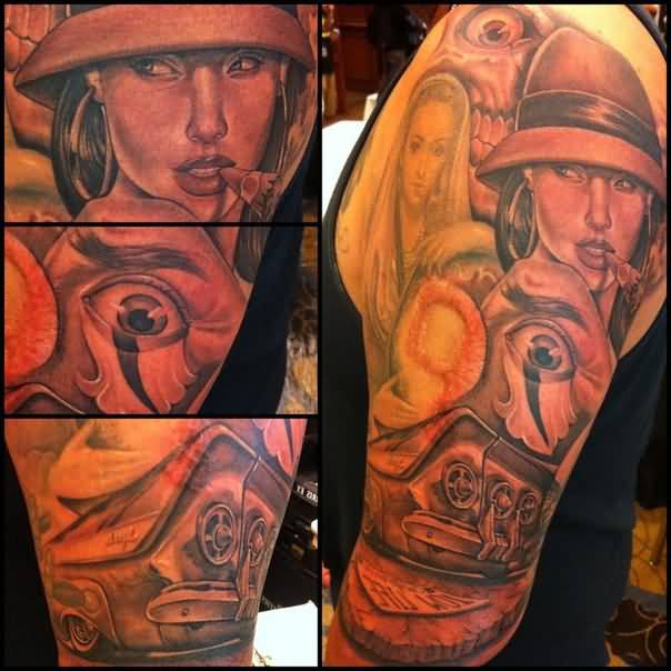 Awesome Thug Life Chicano Tattoo On Half Sleeve