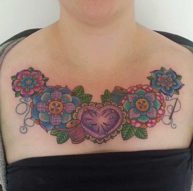 Beautiful Chest Sewing Tattoo For Girls