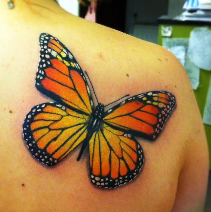 Beautiful Monarch Butterfly Right Back Shoulder Tattoo