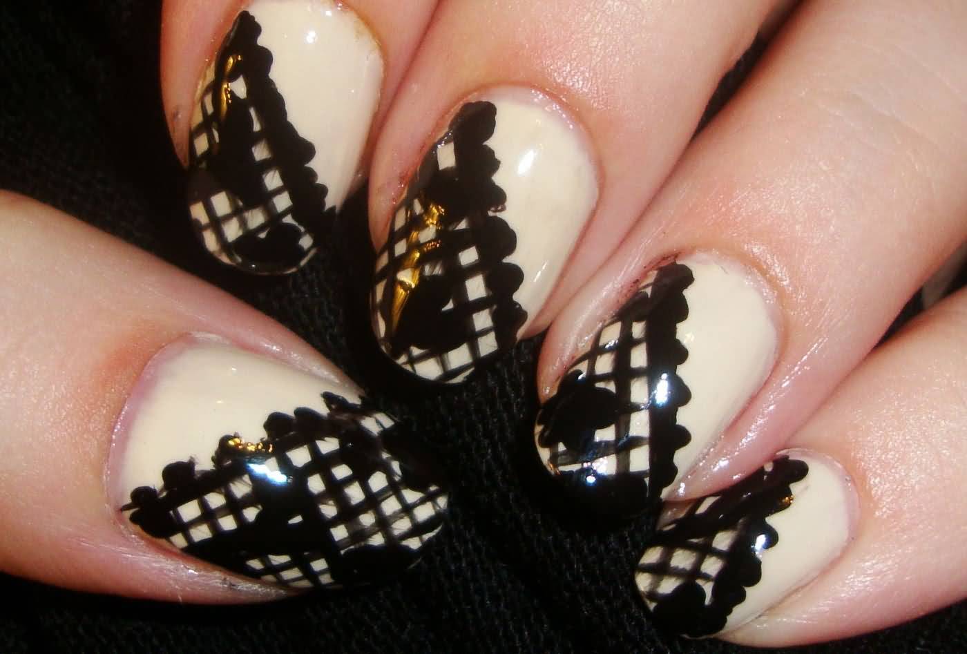 Beige And Black Lace Design Nail Art
