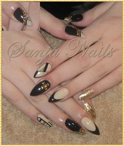 Beige And Black Nail With Gold Glitter Design