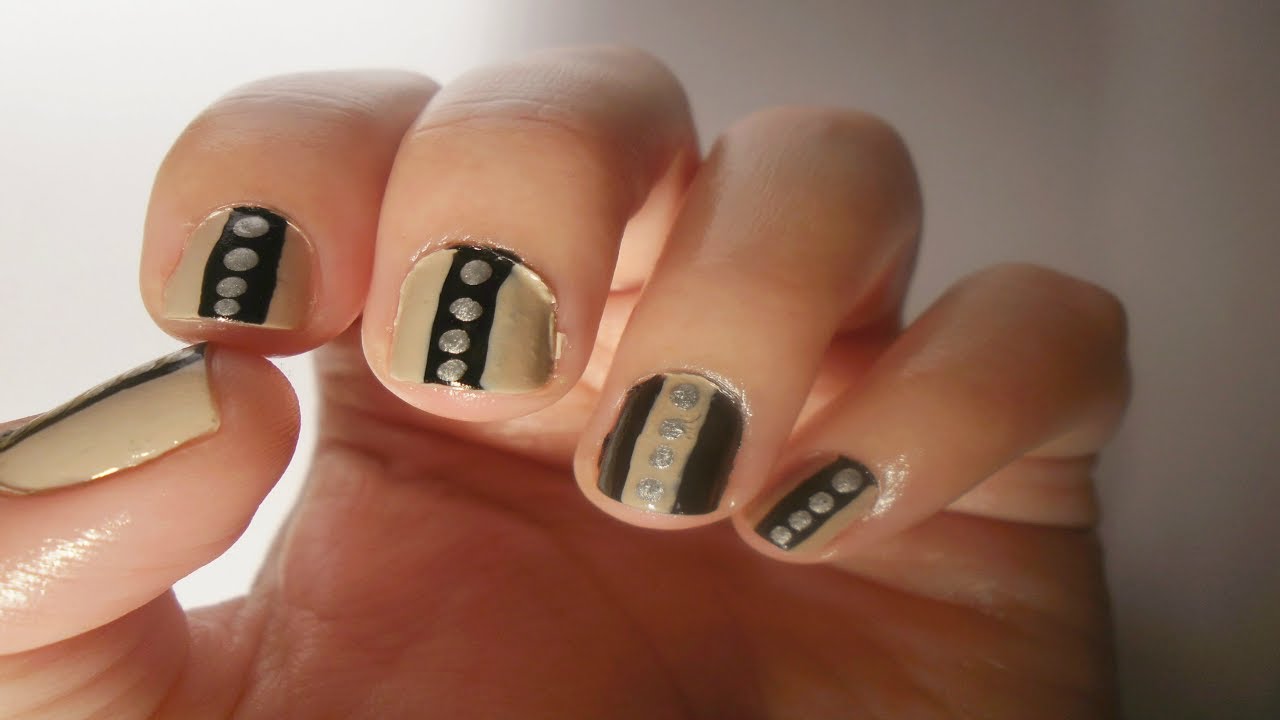 Beige And Black Short Nail Art With Tutorial Video