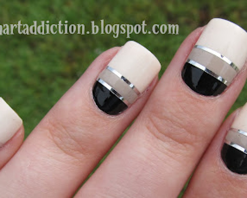 Beige And Black With Silver Striping Tape Nail Art Design