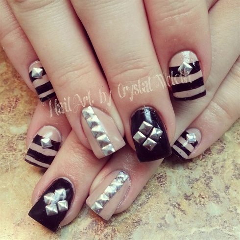 Beige And Black With Studs Design Nail Art