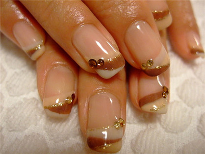 Beige And Brown Tip Design With Rhinestones Nail Art