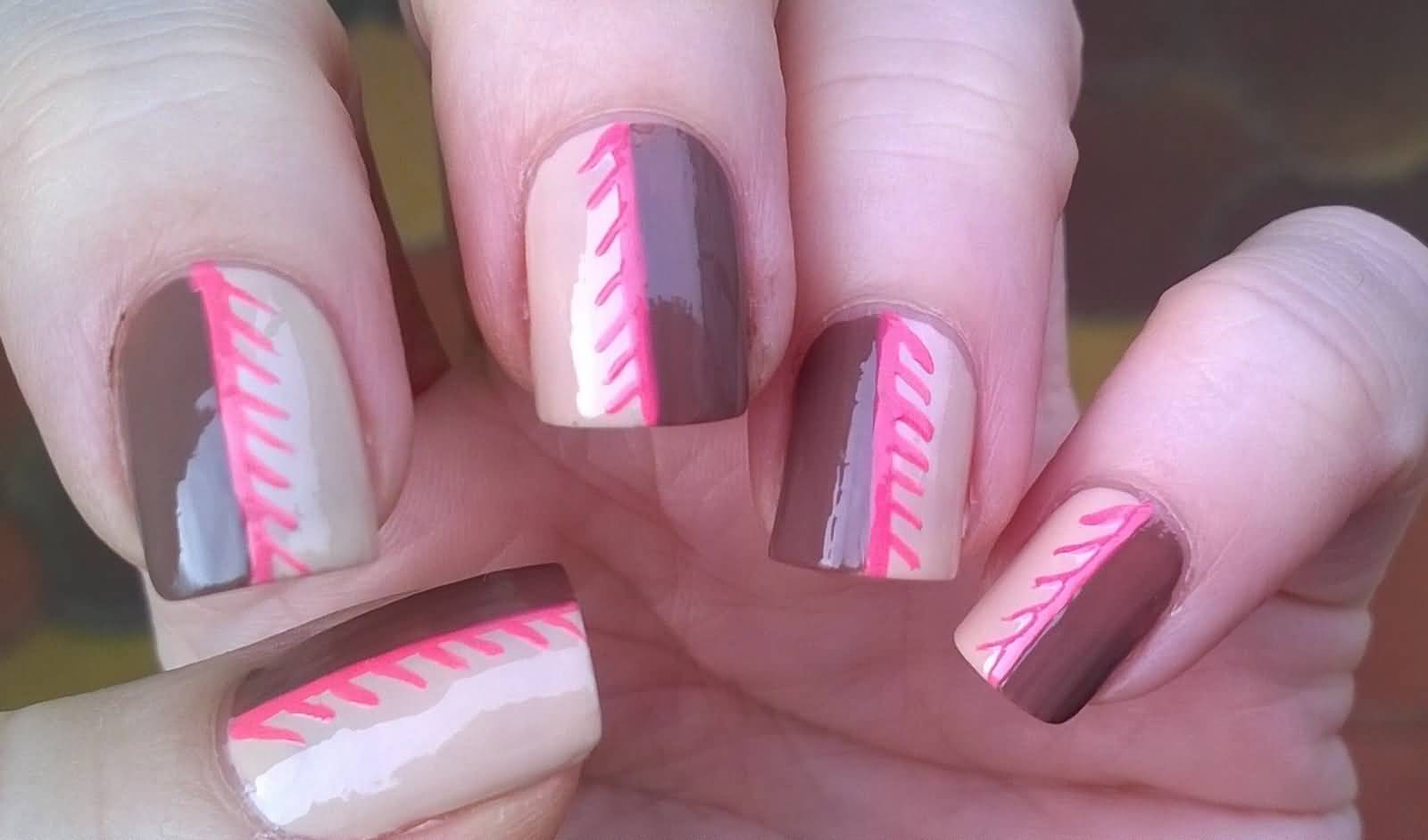 Beige And Brown Nails With Pink Design Idea