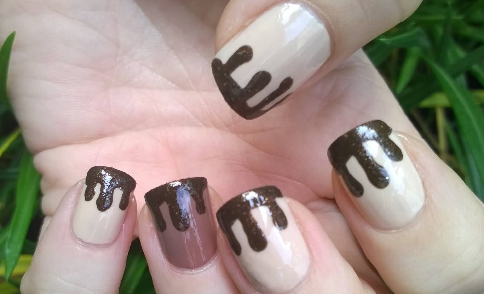 Beige And Chocolate Dripping Nail Art