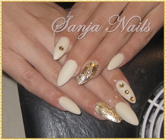 Beige And Gold With Rhinestones Design Nail Art