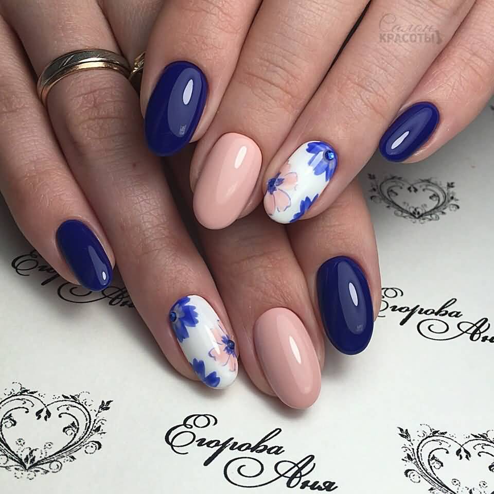 Beige And Royal Blue Flowers Nail Art Design