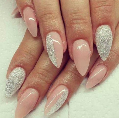 Beige And Silver Glitter Nail Art