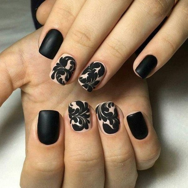 Beige Base With Black Flowers Design Nail Art