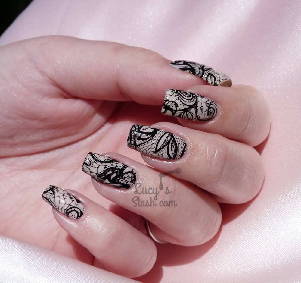 Beige Base With Black Stamped Lace Nail Art