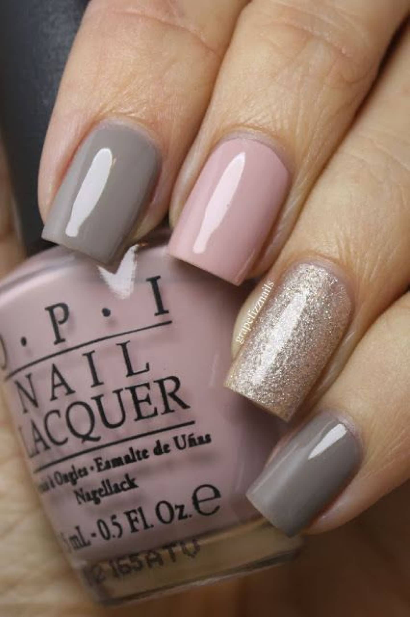 Beige Gray And Golden Nail Art