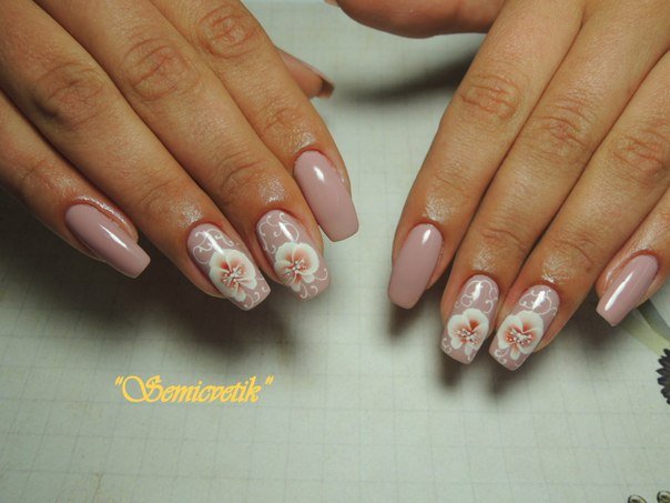 Beige Nails With Acrylic Flower Nail Art Idea
