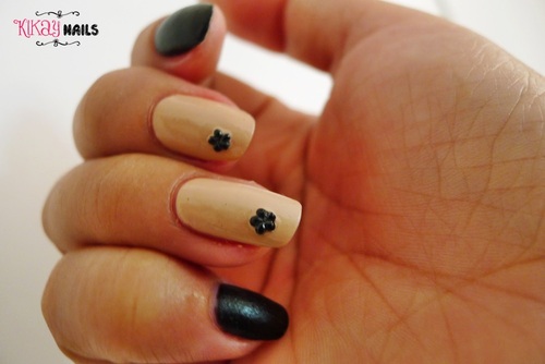 Beige Nails With Black Caviar Beads Flower Nail Art