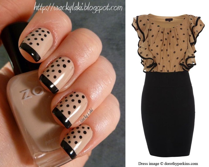 Beige Nails With Black Dots And French Tip Nail Art