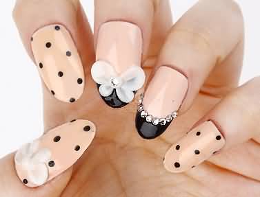 Beige Nails With Black Dots Design And 3D Flower Design Nail Art