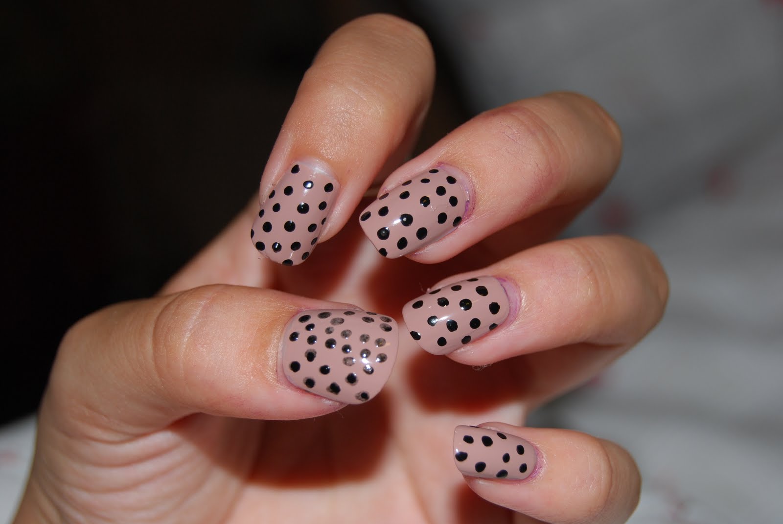 Beige Nails With Black Dots Design Nail Art