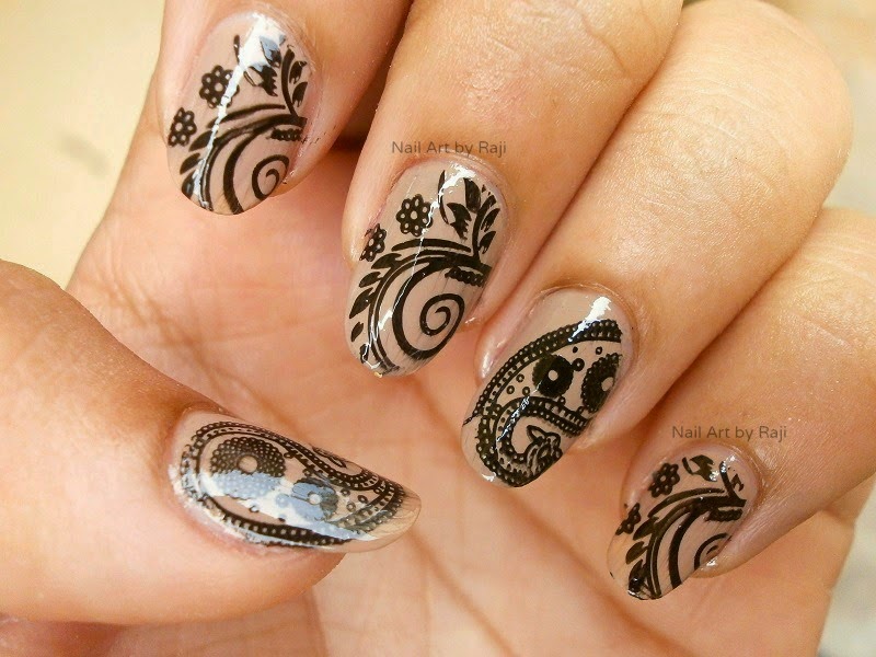 Beige Nails With Black Flowers Stamping Nail Art