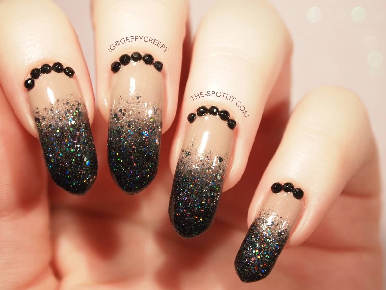 Beige Nails With Black Glitter Design Nail Art